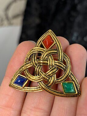 Vintage Sol D'Or Signed Gold Celtic Trinity Knot Brooch Pin Irish Red Green Blue
